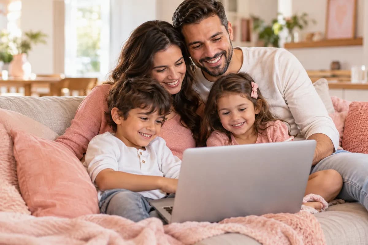 Casal e duas crianças sorrindo no sofá de casa, olhando para um notebook